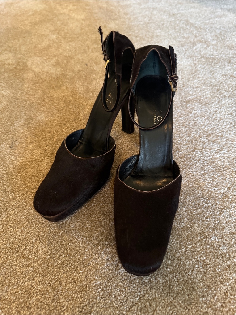 Gucci Dark Brown Cow/Calf Hair Leather Ankle-Strap Heels size 39.5